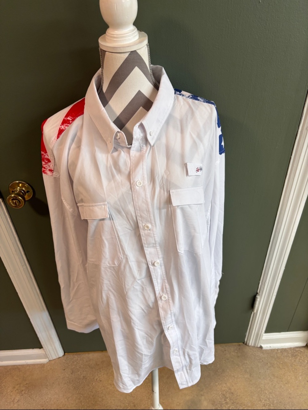 Men's White Button-Down Shirt with Red & Blue Shoulder Accents